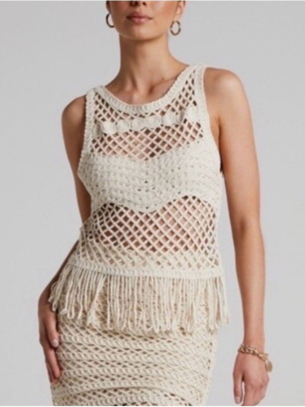 Zara Cream Macrame Fringe Fringe Sleeveless Festival Boho Top Size S